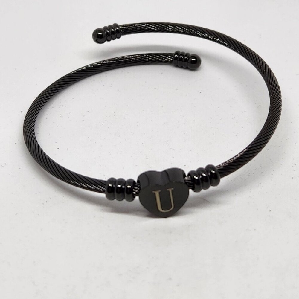 Initial U Heart Coil Bangle Bracelet Black